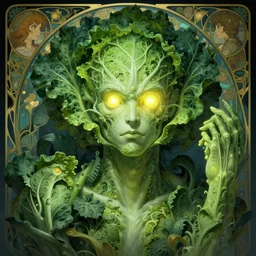 male cabbage humanoid monster, sci fi, glowing eyes, volumetric lights, plant theme, art nouveau botanicals, intricate, highly detailed, digital painting, artstation, concept art, smooth, sharp focus, cinematic, illustration, beautiful face, art by h. r. giger and greg rutkowski and alphonse mucha, kentaro miura