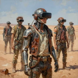 junky men in desert, cybertronic gadgets and vr helmet, durty colours, rotten textures, rusty shapes, biotechnology, norman rockwell, tim hildebrandt, mark maggiori, jeff dekal, long shot, hyperrealistic oil painting on canvas, deep depth field, cinematic composition, hyper - detailed, hdr, 8 k, 4 k