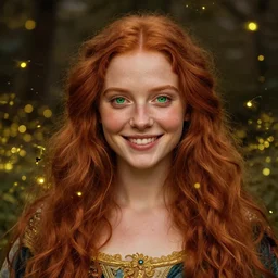 portrait of happy a young woman, among the lights of golden fireflies and nature, long loose red hair, intricate details, bright green eyes, freckles on the nose, round gentle face, intricate dress, golden ratio, hyper realistic digital art by artemisia lomi gentileschi and caravaggio, gaston bussiere and tomacz alen kopera.