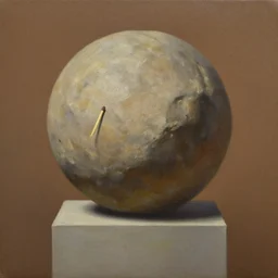 oil painting of a spherical rough boulder on a pedestal with a match stick in its side, brown background