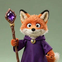 a fox wizard druid as a fluffy chibi muppet plush wearing a wizard cloak and holding a staff made from a stick with an amethyst gemstone tied at the top, photorealistic, photography, national geographic, sesame street