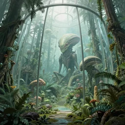 epic alien jungle by zdzisław beksinski, greg rutkowski and ernst haeckel inside a giant glass structure by zaha hadid. highly detailed, hyper - real, very beautiful, intricate fractal details, lush, mysterious, trending on deviantart and artstation