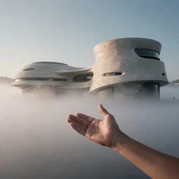 arm reaching out of thick fog in foreground, round buildings in background, smooth architecture, organic, sophisticated, zdzislaw beksinski, architecture of frank lloyd wright, zaha hadid, norman foster