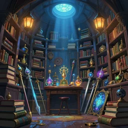 a magicians chamber, filled with books, magic artifacs and magic weapons, lanterns, light from above, blue toned, low angle, glowing lights, epic fantasy, colorfully, detailed illustration, digital art, highly saturated colors, overdetailed art, concept art, detailed illustration, hd, 4 k, digital art, studio ghibli trending on artstation