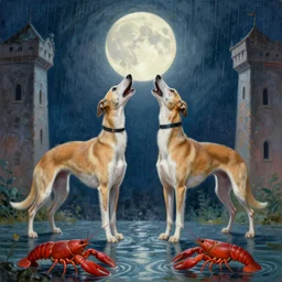 a painting of two whippets howling at the moon while standing in between two towers. rain falls from the moon. in the foreground a crayfish emerges from water.