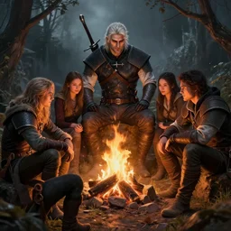 the witcher, the stalker, are sitting by the fire, highly detailed, d & d, fantasy, highly detailed, digital painting, trending on artstation, concept art, sharp focus, illustration, global illumination, ray tracing, realistic shaded, art by artgerm and greg rutkowski and fuji choko and viktoria gavrilenko and hoang lap