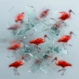 irregular fractals of large scarlet ibis, segmented broken glass shards, motion blur, distortion