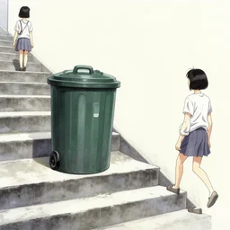 full view, from a distance, of anthropomorphic trashcan walking down a staircase, style of yoshii chie and hikari shimoda and will eisner, highly detailed
