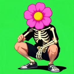 medium shot, a boy with a pink flower as a head and skeleton as a body sitting in slav squat, green background, vibrant colours, in a style of gashi - gashi, r - mk, urban - centre, re - sublimity - kun, sharp focus, digital painting