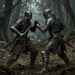 dark gritty medieval duel between two mercenaries in gambesons and chainmails, muddy forest in the background, highly detailed illustration