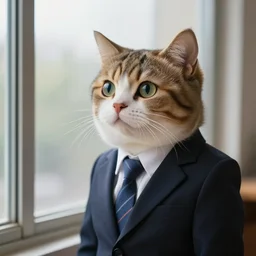 an anthropomorphized cat in a business suit, looking out a window,