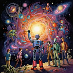 colorful mcbess illustration of a robot trying to paint the universe, intricate complexity, by greg rutkowski, artgerm, ross tran, conrad roset, takato yomamoto, ilya kuvshinov, 8 k, beautiful, cinematic dramatic atmosphere