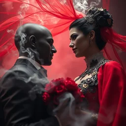 couple's wedding from hell, by tom bagshaw and greg rutkowski, red fabric, fiber amethyst weaving into strands of smoke and brass and iron metal filigree joining into carbon fiber strands, fractal shapes, white explosions, dramatic lighting, ultra detail, close up, dof, smooth render, cinematic, octane render