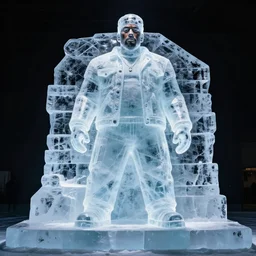 dramatic photo, ice sculpture that looks like the rapper'ice cube ', full body, wide shot