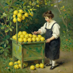 a snail selling lemons at a lemon stand in a garden, oil painting, classic art