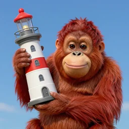 close portrait red smiling orangutan as barman from disney talesping, shaking big lighthouse toy as shaker, akihiko yoshida, james jean, andrei riabovitchev, marc simonetti, digital illustration, greg rutowski, high key lighting, volumetric lighting, digital art, highly detailed, intricate, ornate, complex, octane render, photorealistic