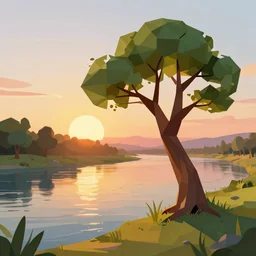 a tree in a river, sunset, low poly