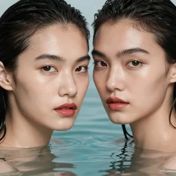 close up photo portrait of two asian models half submerged in water, photoshoot, real-life skin, skin care, light makeup, soft red lips, slicked back hair, diffuse lighting,