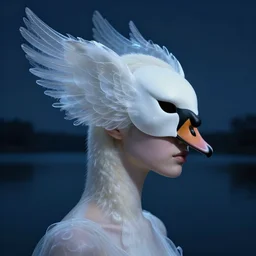 surrealism, night background lake, 3 / 4 profile close up portrait with swan mask of a goddess translucent intricate swan wings, artwork by tooth wu and wlop. octane render, trending on artstation, greg rutkowski cinematic, hyper realism, high detail, octane render, 8 k