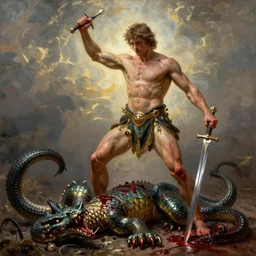 balmy by david lachapelle vignetting. a experimental art of hercules after he has completed one of his twelve labors, the killing of the hydra. he is standing over the dead hydra, covered in blood clutching a sword that slew the beast. his face is expressionless.