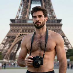 shirtless man with big hairy black chest hair and a! photo camera in his hand! standing in front of the eiffel tower early in the morning, photorealistic, 4 k, good composition, beautiful, smooth, aesthetic,