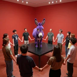 a group of people in a red bright room, gathered around a pruple donkey standing over a black table. people are holding hands. german expresionism. wide angle lens