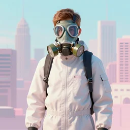 teenager wearing a boiler suit and a futuristic gas mask, city skyline in the background, pastel colours, science fiction concept art
