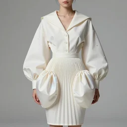 designer modern figure haute couture collection light textiles, body fitted dart manipulation, loose coat collar sailor uniform, midi skirt, stylized dynamic fold manipulation pleats shaping synthetic curves, pearl gradient scheme, holographic tones, striking pose, cute huge pockets, intriguing volume flutter, youthful, modeled by modern designer bust, expert composition, professional retouch, editorial photography