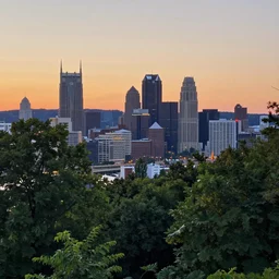 pittsburgh, distant, sunset, trees, looking down, art by drew tucker