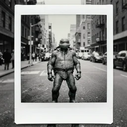 photo polaroid of a ninja turtle in the middle of a New York street, loneliness, war, black and white ,photorealistic, 35mm film,