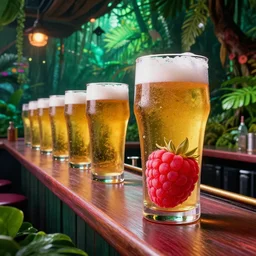 a surreal scene in a jungle bar serving serving a beer pint line inside a raspberry instead of a glass. 80s landscape photo, retrowave, synthwave, highly detailed, hyperrealist, realistic, photorealistic, dynamic lighting.