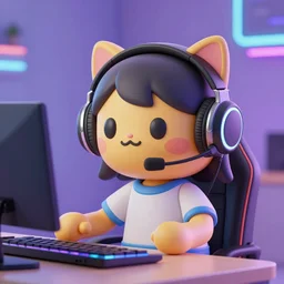 a 3 d render of a cat emoji girl wearing a gaming headset
