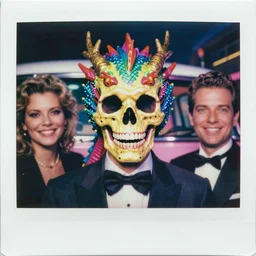 3 d super awesome head to shoulder portrait colored polaroid film photograph of vaporwave skull dragon, miami vice, super classy. stylish. bowtie. bowtie. smile. super resolution. extremely detailed. polaroid 6 0 0 film. by annie leibovitz and richard avedon