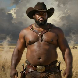 a beautiful dramatic epic painting of a thicc chunky beefy shirtless black man | he is wearing a leather harness and cowboy hat and has a handsome face | prairie setting, dust clouds | homoerotic, highly detailed, dramatic lighting | by Mark Maggiori, by William Herbert Dunton, by Charles Marion Russell | trending on artstation