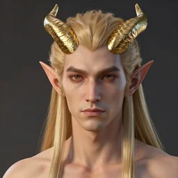 adult male ; 3 0 years ; sharp effeminate face ; elf ; clean shaven ; long golden hair ; golden horns ; patches of scales ; pointed ears ; trending on artstation ; cinematic ; high detail ; digital art