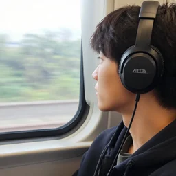 closeup shot of a person sitting in a train looking out the window while listening to music on headphones