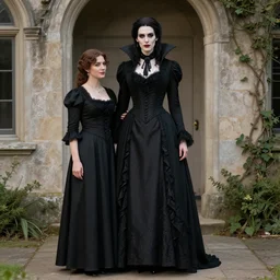 tall vampire woman in victorian clothing standing next to normal sized woman
