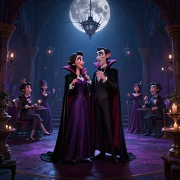 vampires partying at a gothic ballroom, victorian gothic, from the animated film by Sony Imageworks, Craig Mullins, Robh Ruppel, Yun Ling, Vaughan Ling, Neil Ross, Peter Chan, dramatic lighting, full moon