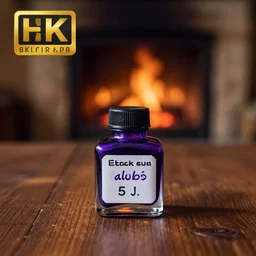 an old - fashioned bottle of purple ink on a wooden table in a dim cabin, fireplace in the background, depth of field, 8 k award - winning photography
