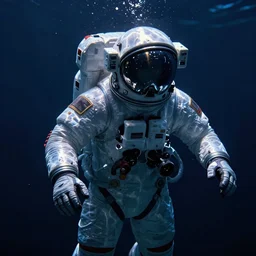 infrared concept art in the dark underwater diver astronaut with meka helmet. complex suit design. wet reflection material. rays and dispersion of light breaking through the deep water. trend artstation