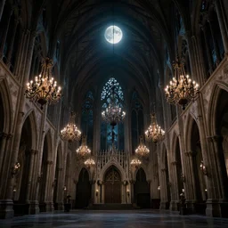 large gothic hall with large chandeliers under the ceiling, horror movie, moonlight