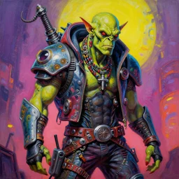 a scifi post apocalyptic orc punk rocker by michael whelan, vibrant colors, futuristic punk rock fashion, oil painting by michael whelan art, sharp focus, realistic, highly detailed, 8 k, intricate linework