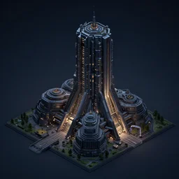 sci-fi building in night. isometric view, concept art, Unreal Engine, ultra detail, 8K, 3D, Greg Rutkowski