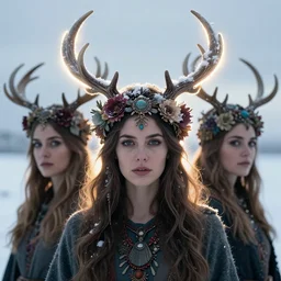 beautiful female character inspired by iceland and floral headdress pagan wiccan viking antlers headdress snow | | digital artwork made by greg rutswork, anna dittmann and lois van barlee, symmetrical rim light, anatomically correct