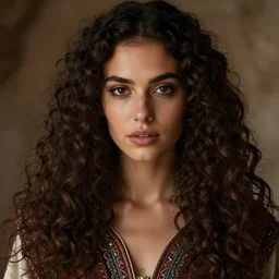 ethereal beautiful woman with long curly hair in romany gypsy outfit, high detail, detailed dark eyes, brown dark aesthetic