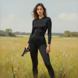 a painting of woman wearing black skintight clothes holding a Glock 18 standing in a field, painting by mark brooks, trending on artstation, artstationHD, artsationHQ, high resolution, 4k, 8k, hd, full color
