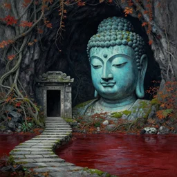 gorgeous bleak autumn painting by barlowe wayne, maxfield parrish, gustave dore and marco mazzoni. close - up shot on a lonely huge buddha statue, broken, moss, stone gate to the dark cave, vines. tiffany blue, maroon, blackish green. the winding stone steps. ultra clear detailed. turbulent blood lake.