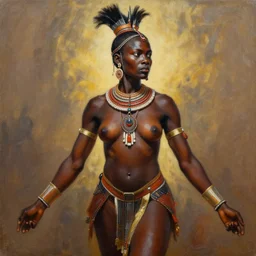 painting of a black female zulu warrior, dynamic lighting, realistic, symmetrical, illustration,, in the style of, krenz cushart, artem demura