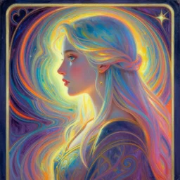 side portrait, imogen poots paladin, gloomhaven, soft, smooth, luminescent oil painting, art nouveau tarot, backlit glow, ripples, swirly vibrant color lines, neo - gothic, gaudy colors, aesthetic octane render, 8 k, by victo ngai, kilian eng, ilya kuvshinov, cushart krent, gilleard james