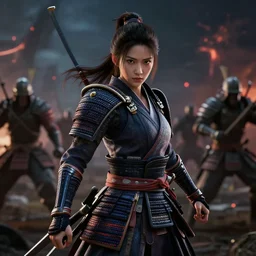 a 75mm shot from a samurai girl in the battleground waiting for the enemies ,volumetric lights, dark, cinematographic, from a marvel movie, octane render , 4k , high resolution, ultra realistic, epic